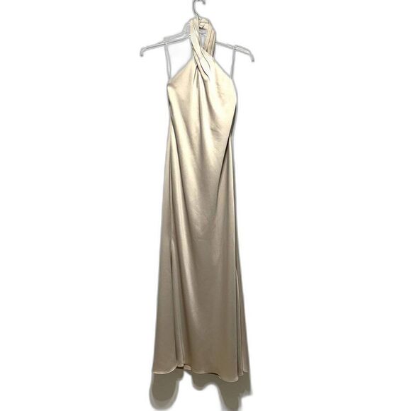 BHLDN Ruby Twist Halter Dress Satin Full Length Champagne Formal Wedding sz US 0 - Picture 2 of 16